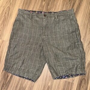 Robert Graham Mens Shorts Size 34 brown Gray Plaid‎ Casual 100% linen